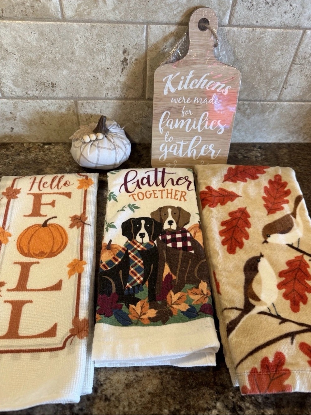 5 Pc Fall Kitchen Decor Lot Towels Dogs Pumpkin Gather Together Farmhouse
